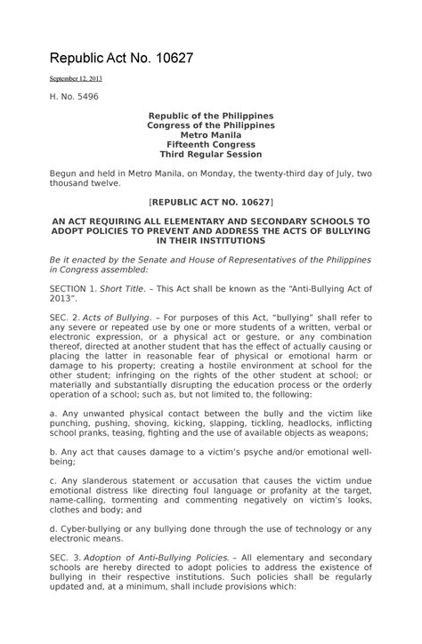 REPUBLIC ACT NO. 10627, September 12, 2013 AN ACT .
